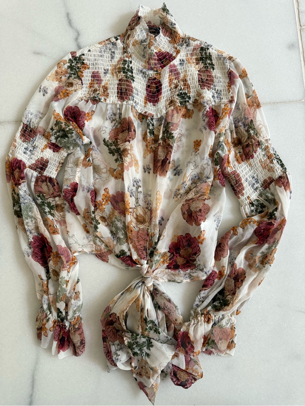 NICHOLAS White Sheer Floral Smocked Tie-Front Blouse